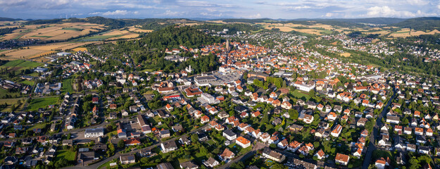 Aerial view around the old town in the city Homberg on an sunny spring day	
