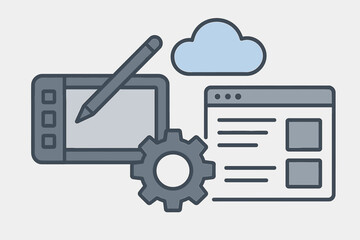 Fototapeta premium Vector graphic of digital design tools featuring tablet, cloud, and gear icon