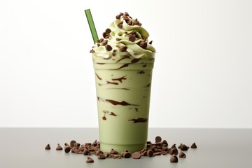 green tea frappuccino with chocolate chips on top, white background, food photography, delicious looking cup of matcha drink with milk and green 