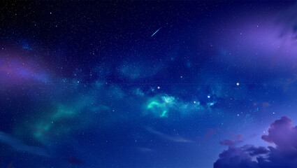 Vast starry night sky with glowing nebulae and a shooting star