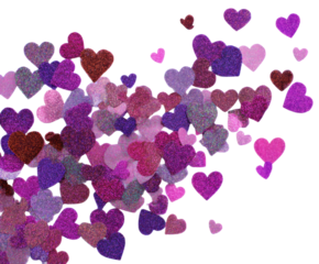 Joyful top view of colorful heart confetti celebration venue. Isolated on transparent background, png.