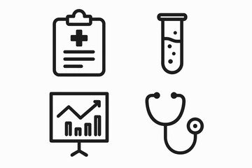 Medical icons: health clipboard, laboratory test tube, graph chart, stethoscope