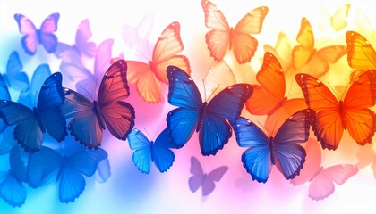 Colorful butterflies in various shapes fluttering across a soft pastel background, creating a dreamy and vibrant wallpaper design