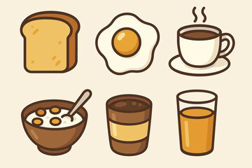 Illustrated breakfast icons with toast, egg, coffee, cereal, and juice