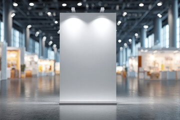 Blank standing poster in exhibition hall makes bold statement, ready to be filled with message for eager viewer