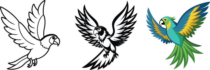 Fototapeta premium Three Style Parrot vector Illustrations – Line, Silhouette, Color