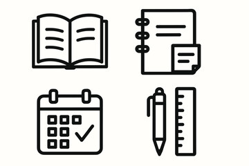Essential education icons: book, notebook, calendar, pen, and ruler in simple black design