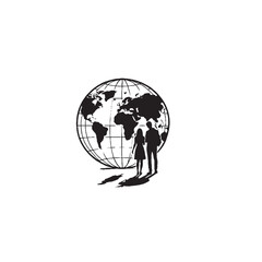 Couple Looking at World Map Silhouette on White Background – Vector Illustration for Travel Planning, Global Exploration, and Vacation Inspiration Themes