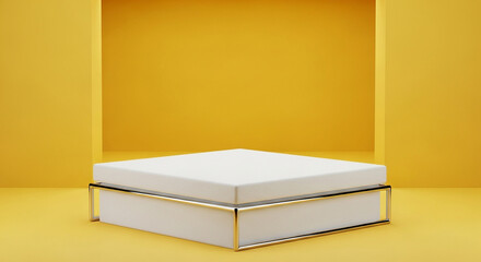 Modern white product display platform with sleek gold details against a warm yellow studio backdrop.