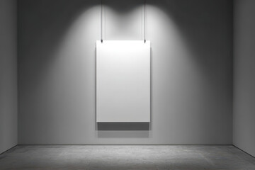 Empty art gallery with minimal poster. Bright spotlights shine on blank canvas, inviting creativity and inspiring sense of peaceful contemplation