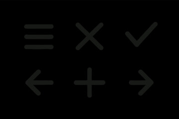 Obraz premium Set of simple navigation icons including menu, cross, checkmark, arrows, and plus symbols