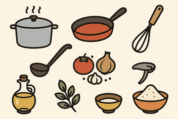 Cooking ingredients and utensils illustration featuring various kitchen items
