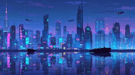 Futuristic cityscape with shimmering reflections, a symphony of neon lights and advanced