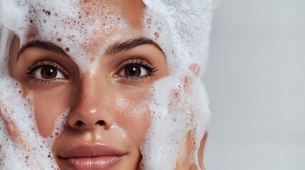 Woman with Foam on Face - Beauty and Skincare Routine