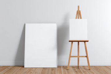 Blank canvases evoke sense of anticipation and creative possibilities, poised for artistic expression against simple backdrop and wall