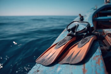 Naklejka premium Snorkeling gear on a boat above the sea