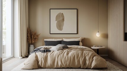 Naklejka premium Neutral bedroom with tan bedding, black-white pillows, beige wall, geometric art, round table lamp, patterned rug, and minimal tones.