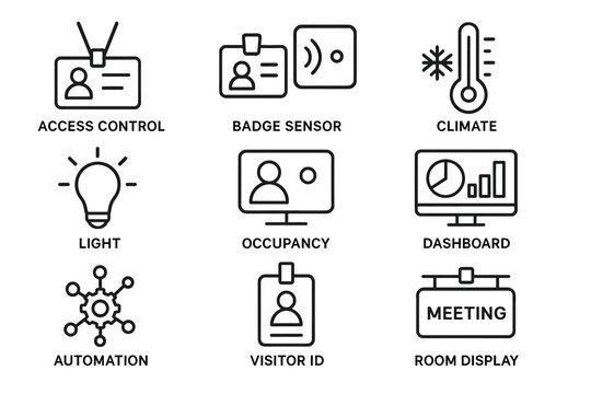 Smart building icons: access, sensor, climate, lighting, occupancy, dashboard, automation, visitor, display