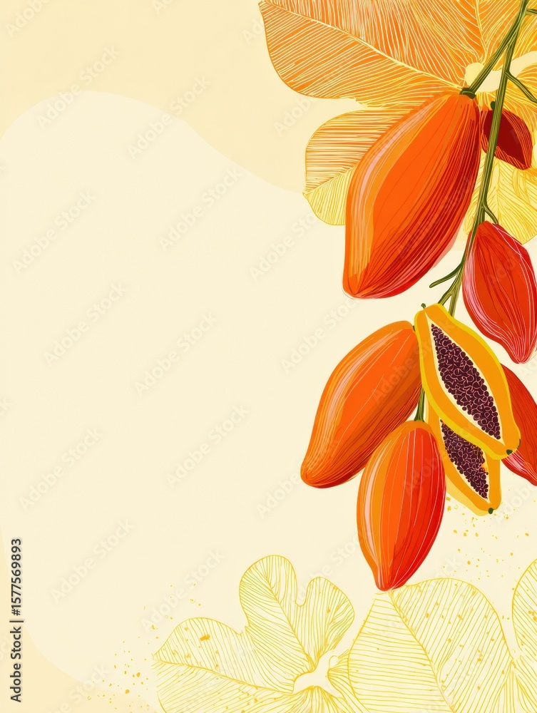 Poster bright papaya hanging against a clean background with stylized line art overlay and inviting empty s