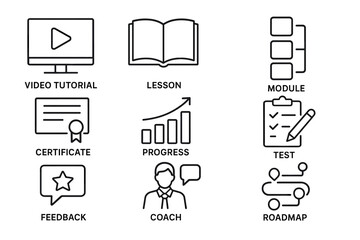 Educational icons: video tutorial, lesson, module, certificate, progress, test, feedback, coach, roadmap