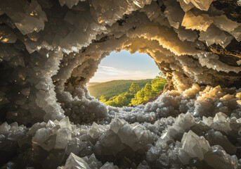 Crystal cave with stunning light view reveals a forest landscape during sunset in a natural wonder setting. Generative AI