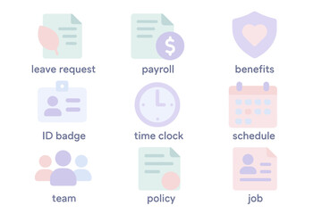 Icons representing payroll, leave request, benefits, and job schedule management
