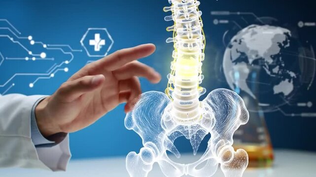 Doctor Explains Spine and Pelvis Anatomy with Digital Interface. Medical Technology Concept