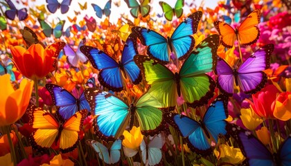 Wallpaper background with dozens of colorful, beautifully shaped butterflies in various sizes and vibrant patterns