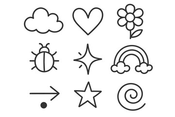 Minimalist icons: cloud heart flower bug star rainbow arrow star spiral