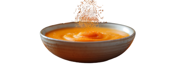 Rich swirl of orange soup or puree in ceramic bowl with sprinkled seasoning  Transparent PNG. great for food blogs, menus, or healthy recipe features

