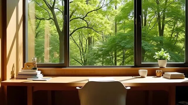 Cozy home office setup with nature view for study and work inspiration aesthetic interior design