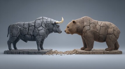 Fototapeta premium Crumbling bull and bear statues symbolizing financial crisis in america stock trading market gigapixel art