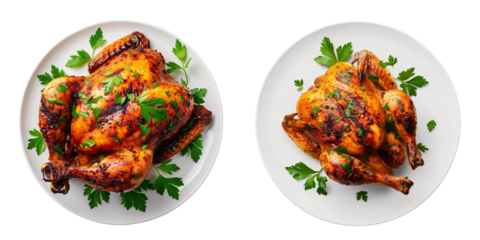 Set of grilled whole chicken in white plate isolated on transparent or white background