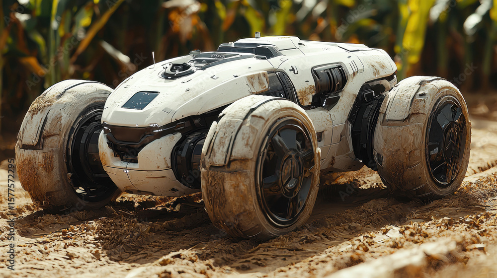 Poster advanced farming environment showcases robotic unit navigating through verdant cornfields technology