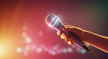 A microphone in a human hand with glowing sparkles. Hand Holding Microphone with Sparkling Effect in Neon Light.