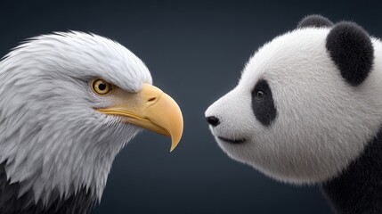 Eagle and panda tugging world economy graph america financial crisis stock trading global marketing country dynamics