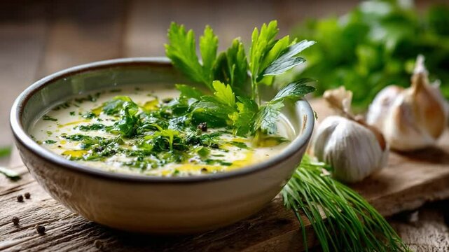 Creamy Green Soup: A vibrant bowl of creamy green soup is artistically garnished with fresh parsley, complimented by garlic cloves and fresh dill, resting on a rustic wooden surface.