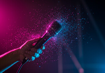 A microphone in a human hand with glowing sparkles. Hand Holding Microphone with Sparkling Effect in Neon Light.