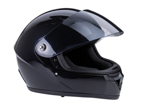 Black Motorcycle Helmet with Open Visor, Side Profile, Reflective Highlights, Transparent PNG