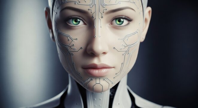A close-up portrait of a female cyborg, her face adorned with intricate circuit-like markings.