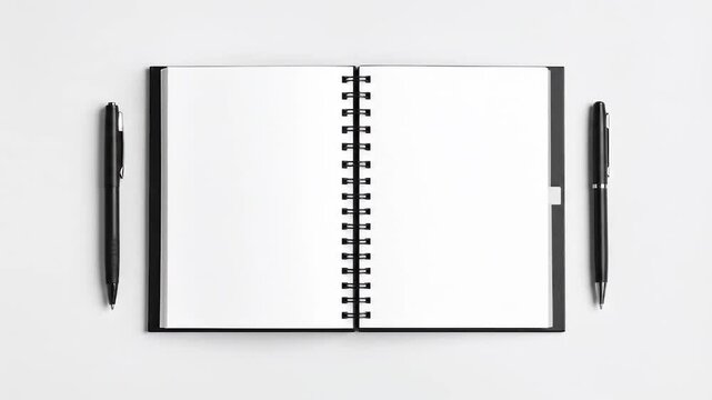 Open spiral notebook with blank pages and two pens