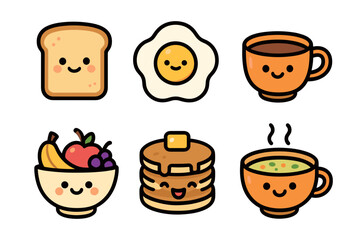 Vector Illustration of Cute Smiling Breakfast Food Icons