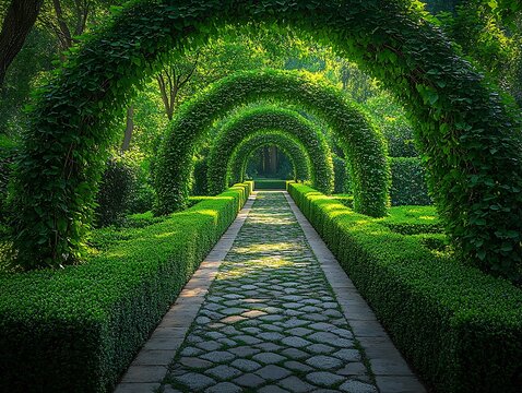 Symmetrical green arches creating peaceful garden walkway high resolution Picture - Powered by Adobe