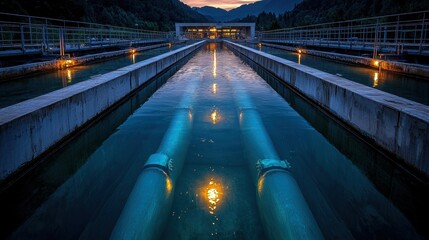 Vast wastewater pipes create striking pattern leading sewage treatment facility, illuminated golden sunrise light reflecting on water