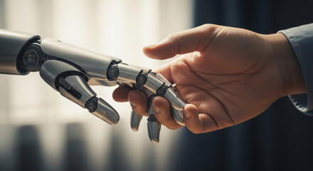 Human and robotic hands gently touch, symbolizing technological advancement and collaboration in a futuristic setting.