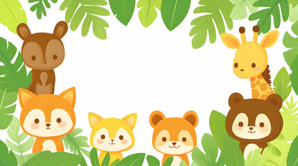 Naklejka premium Cartoon animals in a tropical leaf frame