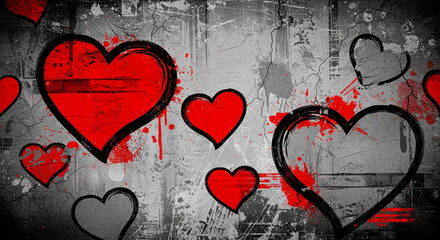 Grunge-style hearts explode with red passion against a cracked grey backdrop, creating a vibrant, edgy Valentine's Day design.