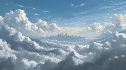 Obraz premium Cloudscape Cityscape: A breathtaking view of a distant cityscape is emerging from a sea of fluffy clouds, creating a dreamlike panorama of a natural wonder.
