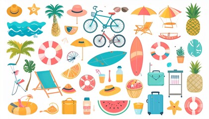 ilustraci&oacute;n, collage de &iacute;conos y objetos relacionados con el verano, la playa y las vacaciones, presentados sobre un fondo blanco. Los objetos est&aacute;n dibujados en un estilo plano y colorido.