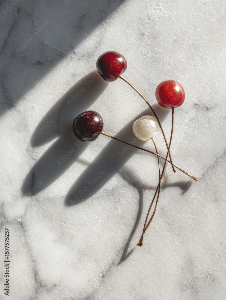Poster close-up of cherry stems casting shadows on marble surface with minimal color palette and empty uppe